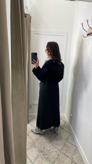 Manteau long en laine à capuche noir